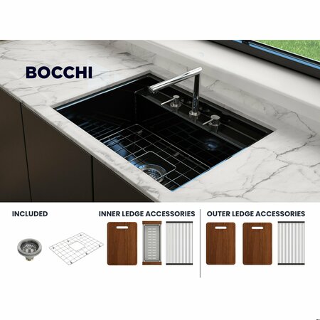 BOCCHI Baveno Uno Dual-Mount Workstation Fireclay 27 in. Single Bowl 3-hole Kitchen Sink in Black 1633-005-0127